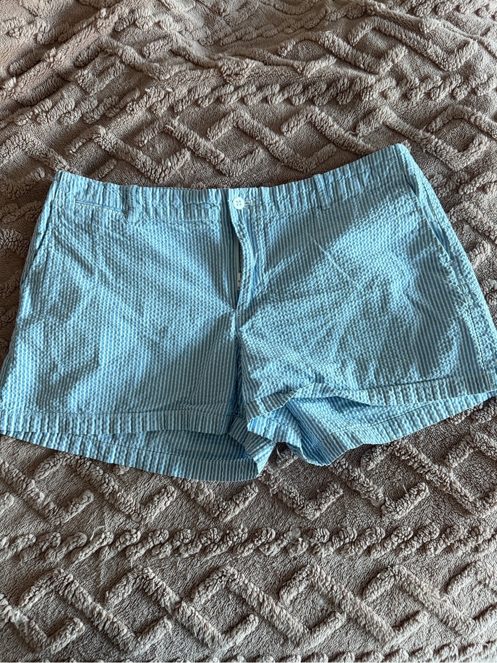 Ralph Lauren Women's Seersucker Poplin Flat Front Blue White Shorts Size 14